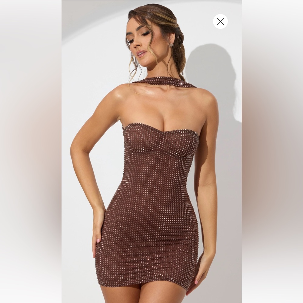NWT-oh Polly 
Embellished Low Back Neck Strap Mini Dress in Espresso - 4